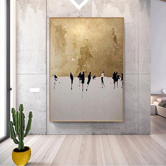 Contemporary Minimalist Wall Art - 100% Hand Painted Abstract Oil Painting with Gold Foil for Living Room