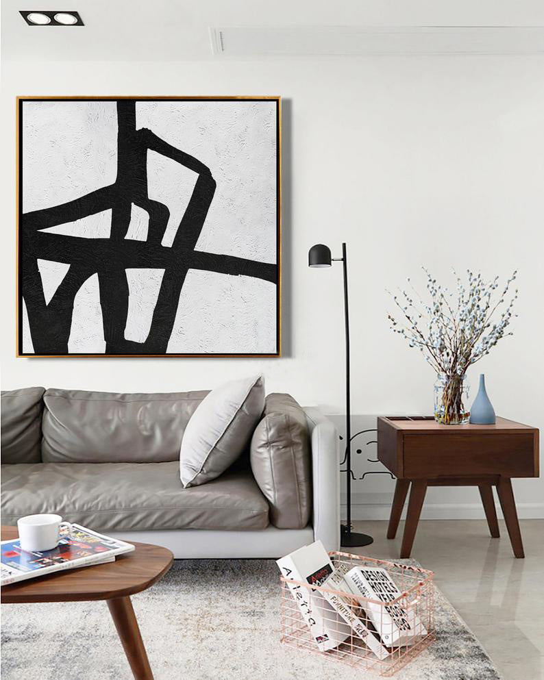 Unique Minimalist Black and White Abstract Wall Art - Textured Hand-Painted Canvas Decor