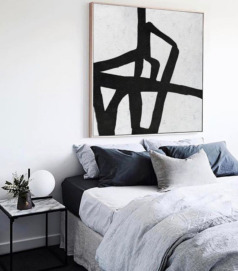 Unique Minimalist Black and White Abstract Wall Art - Textured Hand-Painted Canvas Decor