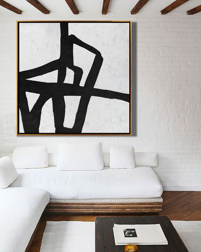 Unique Minimalist Black and White Abstract Wall Art - Textured Hand-Painted Canvas Decor